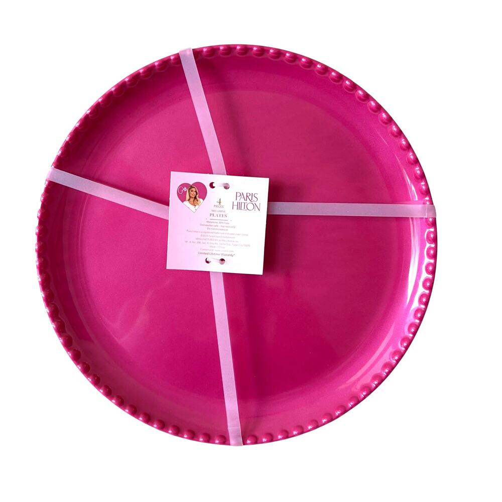 Paris Hilton Hot Pink Melamine Dinner Plates 11in Set of 4 Beaded Edge New